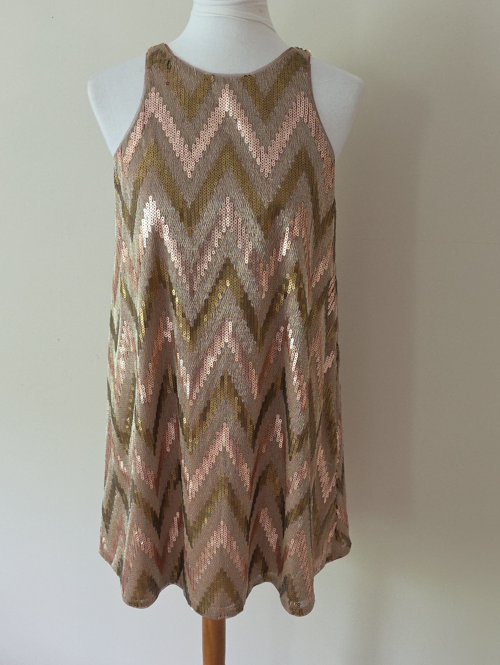 Aidan Mattox Sequin Chevron Shift Dress in Rose Gold and Tan